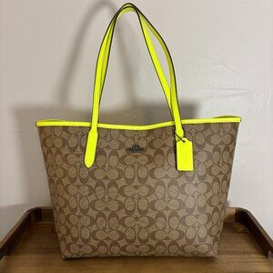 Coach Brown Signature Canvas Neon Lime Green Neon Glo Yellow City Tote